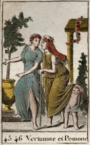 Representación del dios del otoño Vertumno y Pomona, ninfa de los frutos y la jardinería. Vertumno toma la apariencia de una anciana para seducir a Pomona. De 