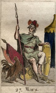 Representación del dios de la guerra Marte, armado, cerca de un gallo. De “Mitología de la juventud” por Pierre Blanchard 1803. de French School