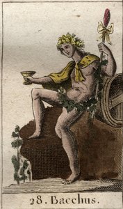 Representación del dios del vino y la cosecha Baco, sosteniendo una copa en su mano. De “Mitología de la Juventud” por Pierre Blanchard 1803 de French School