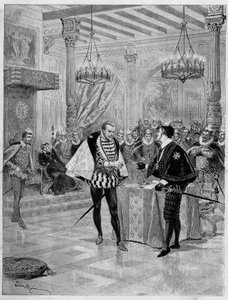 Representación teatral: escena del IV acto de ""Henri III et sa cour