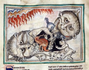 Representaciones de las criaturas del inframundo venciendo a las maldiciones Miniatura tomada del "Apocalipsis de Cambrai" iluminada por la escuela francesa del siglo XIII. Ms. 422. Biblioteca Municipal de Cambrai de French School