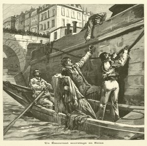 Rescate de una mujer del río Sena en París (grabado)