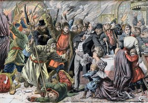 Revolución de 1905 - Campesinos rusos sublevados invadiendo una casa de campo. Jacquerie en las provincias rusas. Invasión de un castillo por campesinos rusos sublevados. Ilustración para Le petit Journal, 2 de abril de 1905. de French School