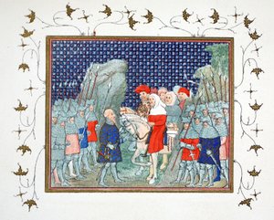 Ricardo II traicionado en Penmaur Rhos y hecho prisionero por el Duque de Northumberland, copia facsímil de Le Prinse et Mort du Roy Richart por Jean Creton, reimpreso en el siglo XIX de French School