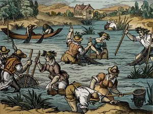 Pesca fluvial, de 1584 (grabado) de French School