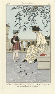 Vestido Crépon blanco con lunares amarillos - Vestido de niña en tartán cereza y verde, de Costumes Parisien, pub.1913 (estampado stencil) de French School