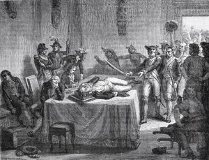Robespierre esperando la ejecución tras dispararse en la mandíbula en 1794 de French School