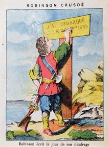 Robinson Crusoe escribe la fecha del naufragio