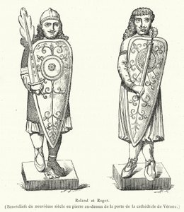 Roland y Roger, Bajorrelieves del siglo IX en piedra sobre la puerta de la catedral de Verona (grabado)