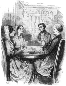 Serie romana: “El Conde de Montecristo” (Monte-Cristo) por Alexandre Dumas (1802-1870). Un juego de cartas entre cuatro personajes. Grabado en “Les bons romans” de French School