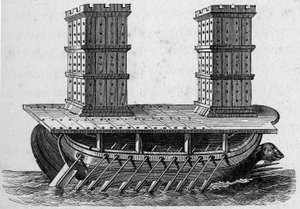 Barco romano a torres. Grabado en “La Marina y las colonias: comercio de French School