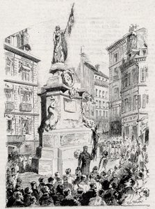 Ruan: miembros de la Liga de Patriotas frente a la estatua de Juana de Arco - dibujo de Paul Merwart para el monitor ilustre de la Liga de Patriotas - 1884 de French School