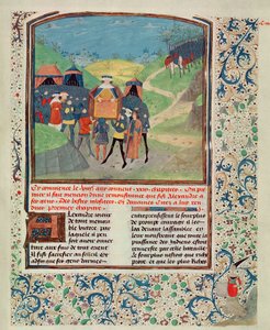 Roy 17 FI f.198 Alejandro Magno dirigiéndose a sus hombres con la esperanza de persuadirlos de continuar hacia la India, de Quinte Curse Ruffe des Fais du Grant Alexandre, c.1468 (vitela) de French School