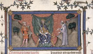 Roy 19 C IV f.154 El rey Carlos V (1337-80) de Francia entronizado con corona, espada y cetro entre un caballero y un escribano de French School