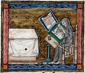 Royal 14 E. III, f.6v Scribe copiando de una copia, ilustración de 