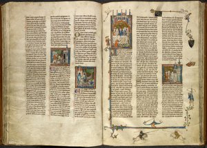 Real 14 E. III, ff.88v-89 Lancelot sacando la cabeza de su abuelo decapitado, el rey, de un pozo hirviendo; un edificio derrumbándose sobre dos caballeros. A la derecha, miniatura de Arturo y Ginebra sentados en un banquete, procedente del "Estoire del Sai de French School