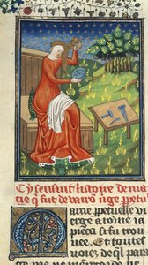 Royal 16 G. V, f.80 Jaia de Cyzicus, con peine, espejo y herramientas de escultor, ilustración de 