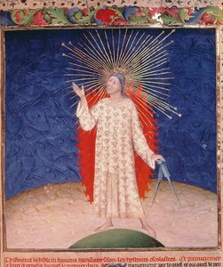 Royal 19 D III, f.3: Dios rodeado de fuego con un compás, de la Biblia Historiale de Guyart des Moulins, c.1411 (vitela) de French School