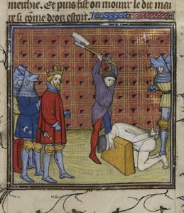 Real 20 C. VII f.134v Líderes del levantamiento de la Jacquerie contra la nobleza francesa decapitados por orden del rey de Navarra, de las "Chroniques de France ou de St Denis" (tinta, color y oro sobre vitela) de French School