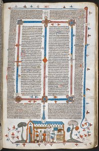 Royal MS 10 E IV f.211r, una escena bas-de-page de comulgantes en una misa, c.1300-40 (pluma y tinta y temple sobre pergamino)