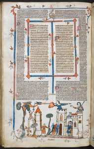 Royal MS 10 E IV f.88v, una escena bas-de-page de un dragón atacando un castillo, c.1300-40 (pluma y tinta y témpera sobre pergamino) de French School