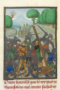 Royal MS 15 E I, f. 433v, La derrota de Guy de Lusignan por Saladino y la pérdida de la Cruz, de 