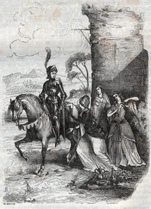 Ruggiero y tres ninfas de la corte de Alcina - grabado de 1851 del poema Orlando furioso de French School