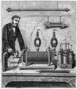 Inductor de Ruhmkorff - La bobina de inducción de Ruhmkorff (Heinrich Daniel Ruhmkorff) - Grabado en “Sciences made available to everyone - physics and chemistry” por Alexis Clerc - Finales del siglo XIX - Colección privada