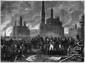 Campaña de Rusia 1812 - El General Jean Ambroise Baston de Lariboisière insta a Napoleón a abandonar el Kremlin debido a un peligro de explosión - Incendio de Moscú en 1812 - El General Lariboisière obliga a Napoleón a abandonar el Kremlin, amenazando con  de French School