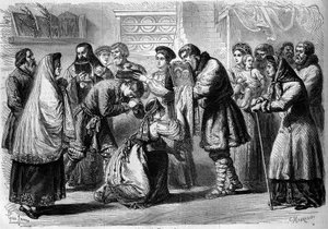 Costumbre rusa - Boda - 1860: ceremonia previa a la boda. El padrino y la madrina bendicen los futuros matrimonios. El padrino les presenta la imagen de Cristo o la Virgen, símbolo de consagración religiosa. La madrina sostiene pan y sal sobre la cabeza de de French School