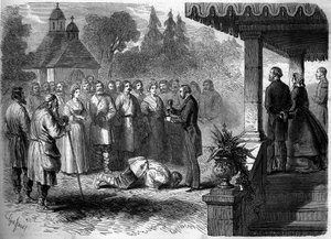 Costumbre rusa: ceremonia de emancipación de un siervo. Como señal de sumisión, el siervo liberado besa los pies de su señor, quien se sirve un vaso de aguardiente de patata. Grabado en “Le Monde Illustré” n°206 del 23 de marzo de 1861 de French School