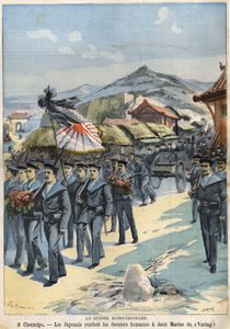 Guerra ruso-japonesa en Chemulpo, los japoneses rinden los últimos honores a dos marineros del Virag. Le Petit Parisien del 3 de abril de French School