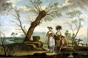 Paisaje rústico con lavanderas y un campesino de French School