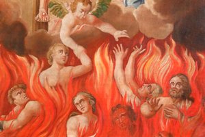 Iglesia de Saint-Nicolas de Veroce. Juicio final: el infierno. Un grupo de los Salvados. Pintura. Francia.