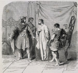 San Eloi y Dagoberto: Dagoberto se asombró cuando Eloi le presentó el segundo sillón - grabado del siglo XIX de French School
