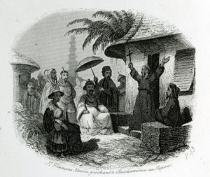 San Francisco Javier predicando el cristianismo en Japón. Grabado para ilustrar Historia y Descripción de Japón por el Padre de Charlevoix, A.Mame et Compagnie editores, Tours.