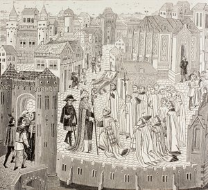 San Gaugerico, obispo de Cambrai, llegando a la ciudad para su nombramiento, de 