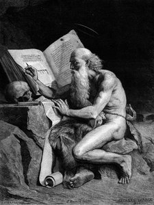 San Jerónimo en el desierto. Grabado después de la pintura de Georges Sauvage (Auguste Albert Georges Sauvage dit). Grabado en “Le Monde Illustré” n°1196 del 28 de febrero de French School