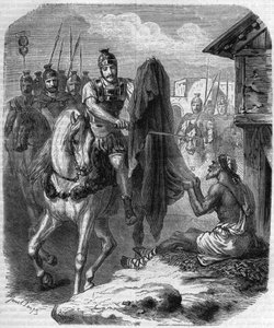 San Martín de Tours (San Martín de Tours, v. 316-397) partiendo su capa en dos para dársela a un pobre. Grabado en "Historia de los papas-reyes-reinas y emperadores a través de los siglos" por Maurice Lachatre de French School