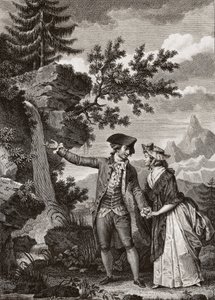 Saint Preux y Julie grabado de 1793 para “Julie ou la nouvelle Heloise” por el filósofo suizo Jean Jacques (Jean-Jacques) Rousseau (1712-1778) - Julie y Saint-Preux, ilustración de 