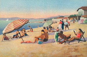 Saint Tropez: La playa de la bullabesa (litografía en color) de French School
