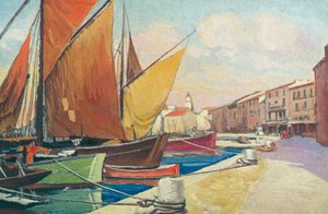 Saint Tropez: Velero en el puerto (litografía en color) de French School