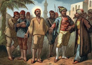 San Vicente de Paúl (1581-1660), sacerdote capturado por piratas turcos que lo vendieron como esclavo en Túnez. Cromolitografía de finales del siglo XIX de French School