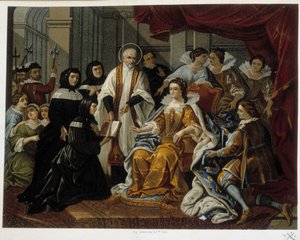 San Vicente de Paúl presenta a Ana de Austria las primeras Hijas de la Caridad (también llamadas "Hermanas de San Vicente de Paúl") - de un cuadro del siglo XVIII. de French School