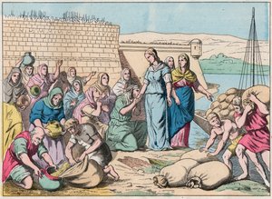 Santa Genoveva distribuye alimentos al pueblo durante el asedio de París por el ejército de los hunos de Atila en 451 (invasiones bárbaras) - Santa Genoveva y el pueblo de París - Grabado de finales del siglo XIX en “Nos Gires Nationales - Imágenes de French School
