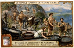 Comercio de sal en Alta Austria en tiempos prehistóricos en Hallstadt - cromolitografía Liébig