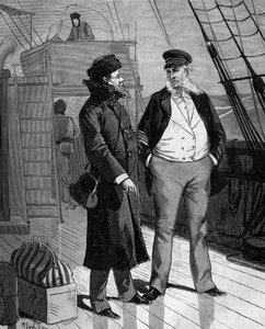 Samuel Finley Breese Morse (1791-1872), pintor y físico estadounidense, hablando, a su regreso a los Estados Unidos, con el capitán del barco, sobre su idea de un telégrafo eléctrico. En "Historia popular de las ciencias, invenciones y descubrimientos desd de French School