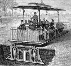 Tranvía funicular de San Francisco con ruedas invisibles - en "Las nuevas conquistas de la ciencia" de Louis Figuier de French School