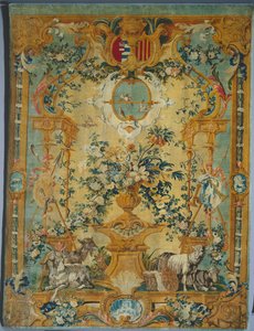 Panel de Savonnerie: Primavera con escudo de armas, manufacturado por la Fábrica de Savonnerie, Francia, antes de 1717 de French School