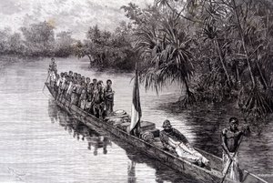 Savorgnan de Brazza en una canoa en el pandanus de África Occidental - en “Tour du Monde”, 2ª semana de 1887 de French School
